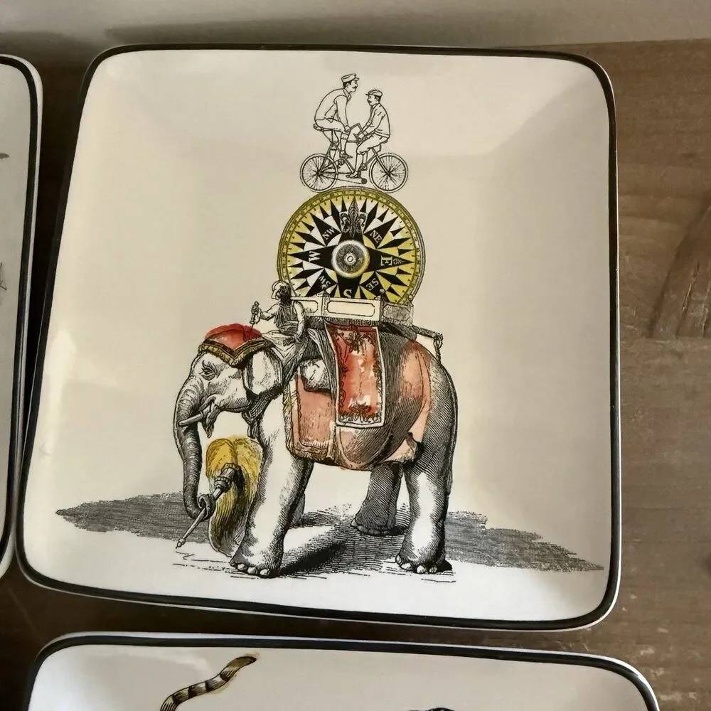 4 Pottery Barn Whimsical Square Appetizer Snack Plate Set Unicorn Tiger Elephant